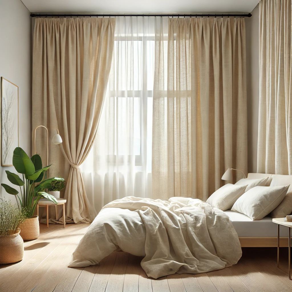 Ein modernes Schlafzimmer mit natürlichen Leinenvorhängen in weichem Beige, die eine entspannte und luftige Atmosphäre schaffen. Die Vorhänge sind locker drapiert, bieten einen eleganten und dennoch ungezwungenen Stil und sorgen für einen Ausgleich zwischen Licht und Privatsphäre. Minimalistische Einrichtung, ein Bett mit weißer Bettwäsche und grüne Pflanzen runden den frischen, ruhigen Raum ab.