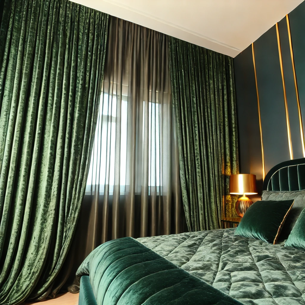 Ein luxuriöses Schlafzimmer mit dicken, smaragdgrünen Samtvorhängen, die ein großes Fenster bedecken und eine elegante, opulente Stimmung erzeugen. Die Vorhänge blockieren das Licht vollständig und verleihen dem Raum Wärme. Ein weiches Bett mit hochwertiger Bettwäsche, goldene Akzente in der Dekoration und sanftes Licht sorgen für eine gehobene und einladende Atmosphäre.