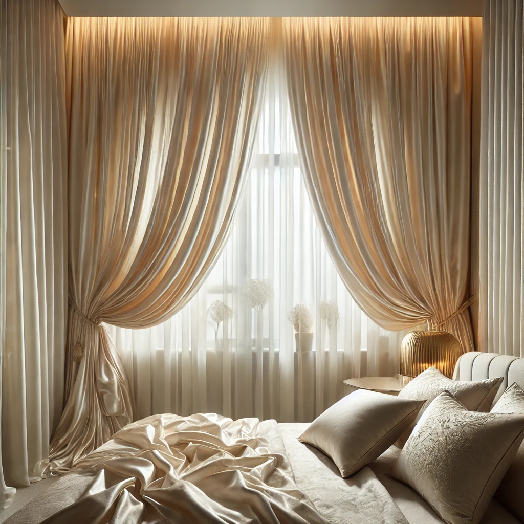 Ein elegantes Schlafzimmer mit schimmernden, elfenbeinfarbenen Seidenvorhängen, die an einer goldenen Gardinenstange hängen. Die Vorhänge verleihen dem Raum eine luxuriöse Note, während sanftes Licht die edlen Falten hervorhebt. Ein weiches Bett mit Seidenkissen und eine minimalistische, aber anspruchsvolle Dekoration betonen die Opulenz und Eleganz.