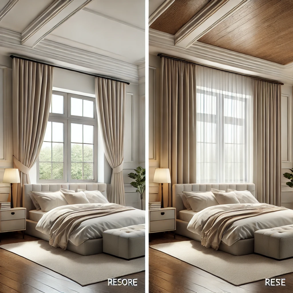 Ein moderner Schlafzimmervergleich mit zwei Vorhangaufhängungen: eine Wandmontage direkt über dem Fensterrahmen für eine klassische Optik und eine Deckenmontage, die den Raum eleganter wirken lässt. Neutrale Vorhänge, ein gemütliches Bett und minimalistische Dekoration betonen die unterschiedlichen Stile.