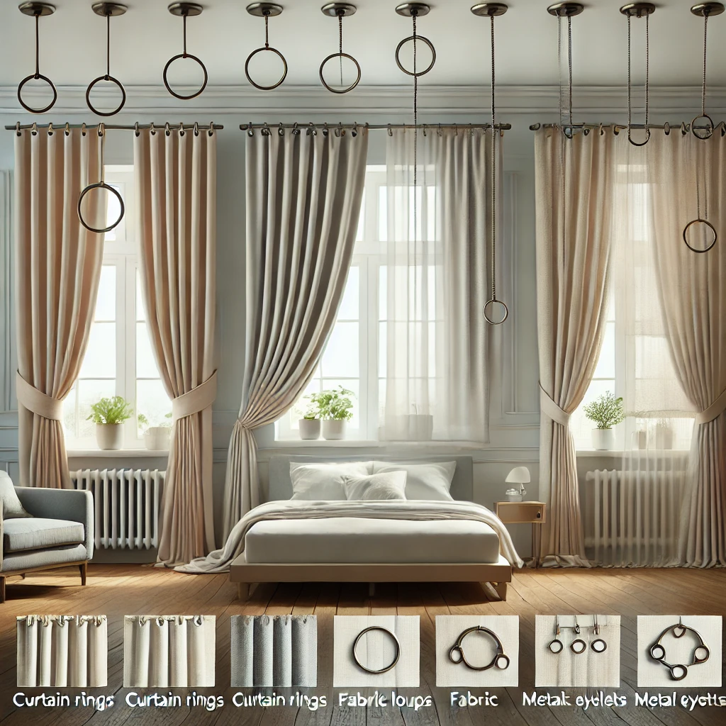 Ein stilvolles Schlafzimmer mit einer visuellen Darstellung verschiedener Vorhangaufhängungen: elegante Ringe, verspielte Stoffschlaufen und moderne Metallösen. Die Vorhänge sind in sanften, neutralen Farben gehalten, wobei jede Methode an separaten Fenstern den individuellen Charme und Stil betont. Der Raum ist minimalistisch mit einem einfachen Bett und klarer Dekoration gestaltet.