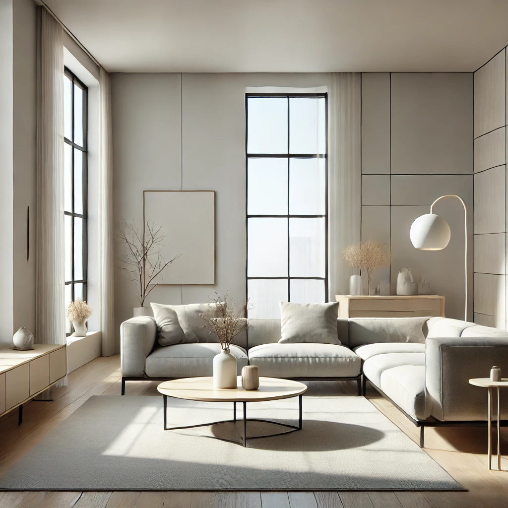 Ein minimalistisches Wohnzimmer mit einer neutralen Farbpalette aus Weiß, Grau und Beige, großen Fenstern, moderner Einrichtung und viel natürlichem Licht, das den Raum größer und heller wirken lässt.