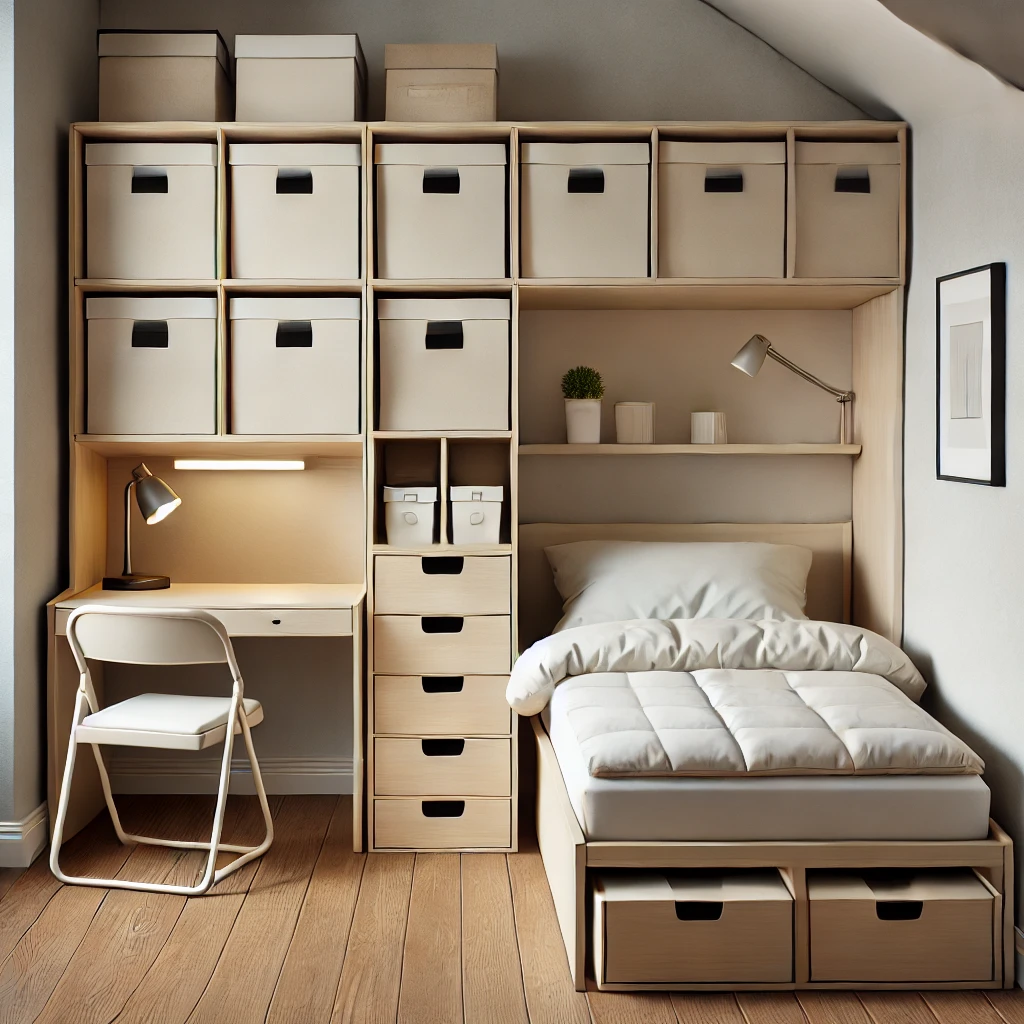 Kleines Schlafzimmer mit einem Bett, das integrierte Schubladen für Stauraum hat, einem klappbaren Schreibtisch, und einem modernen Nachttisch, alles in einer platzsparenden Anordnung.



Kleines Schlafzimmer mit einem Bett, das integrierte Schubladen für Stauraum hat, einem klappbaren Schreibtisch, und einem modernen Nachttisch, alles in einer platzsparenden Anordnung.


