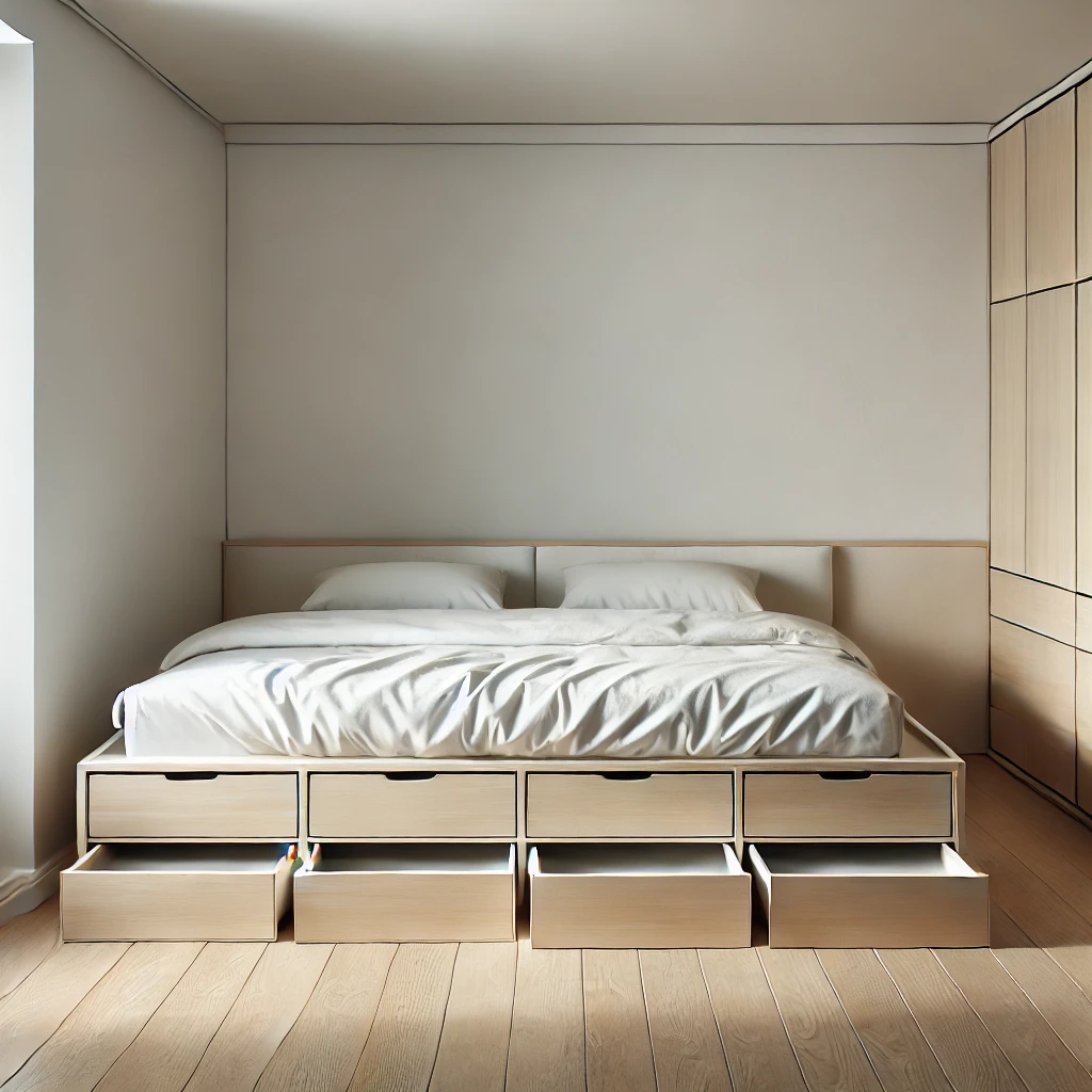 Minimalistisches Schlafzimmer mit einem Bett, das integrierte Schubladen für zusätzlichen Stauraum bietet. Der Raum ist hell und aufgeräumt, mit neutralen Farben und einem klaren Design.



Minimalistisches Schlafzimmer mit einem Bett, das integrierte Schubladen für zusätzlichen Stauraum bietet. Der Raum ist hell und aufgeräumt, mit neutralen Farben und einem klaren Design.


