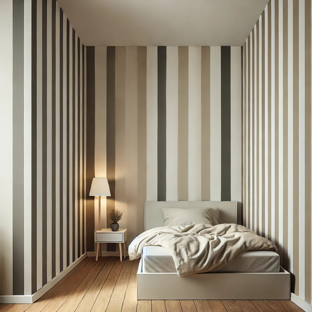 Kleines Schlafzimmer mit einer Wand, die in neutralen Farben vertikale Streifen aufweist. Die Streifen erzeugen die Illusion von Höhe und lassen den Raum offener und luftiger erscheinen. Die Einrichtung ist minimalistisch und harmoniert mit dem Wanddesign.