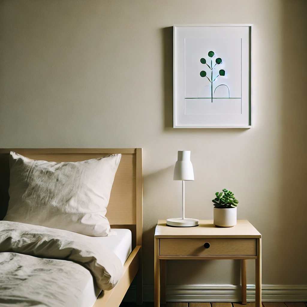 Kleines, minimalistisches Schlafzimmer mit einem einfachen Nachttisch, auf dem eine grüne Pflanze steht, und einem einzigartigen Kunstwerk an der Wand. Die dezente Dekoration schafft eine ruhige, ordentliche Umgebung für einen erholsamen Schlaf.