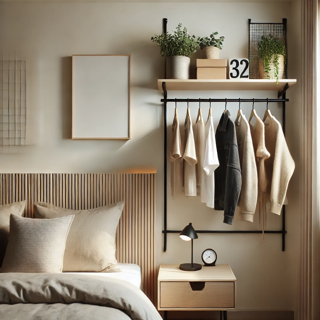 Kleines Schlafzimmer mit einer minimalistischen Wand-Kleiderstange, die ordentlich arrangierte Kleidung hält. Die Kleiderstange verleiht dem Raum eine moderne Note, während die neutrale Farbgestaltung und das schlichte Design den Raum offen und aufgeräumt wirken lassen.


Kleines Schlafzimmer mit einer minimalistischen Wand-Kleiderstange, die ordentlich arrangierte Kleidung hält. Die Kleiderstange verleiht dem Raum eine moderne Note, während die neutrale Farbgestaltung und das schlichte Design den Raum offen und aufgeräumt wirken lassen


