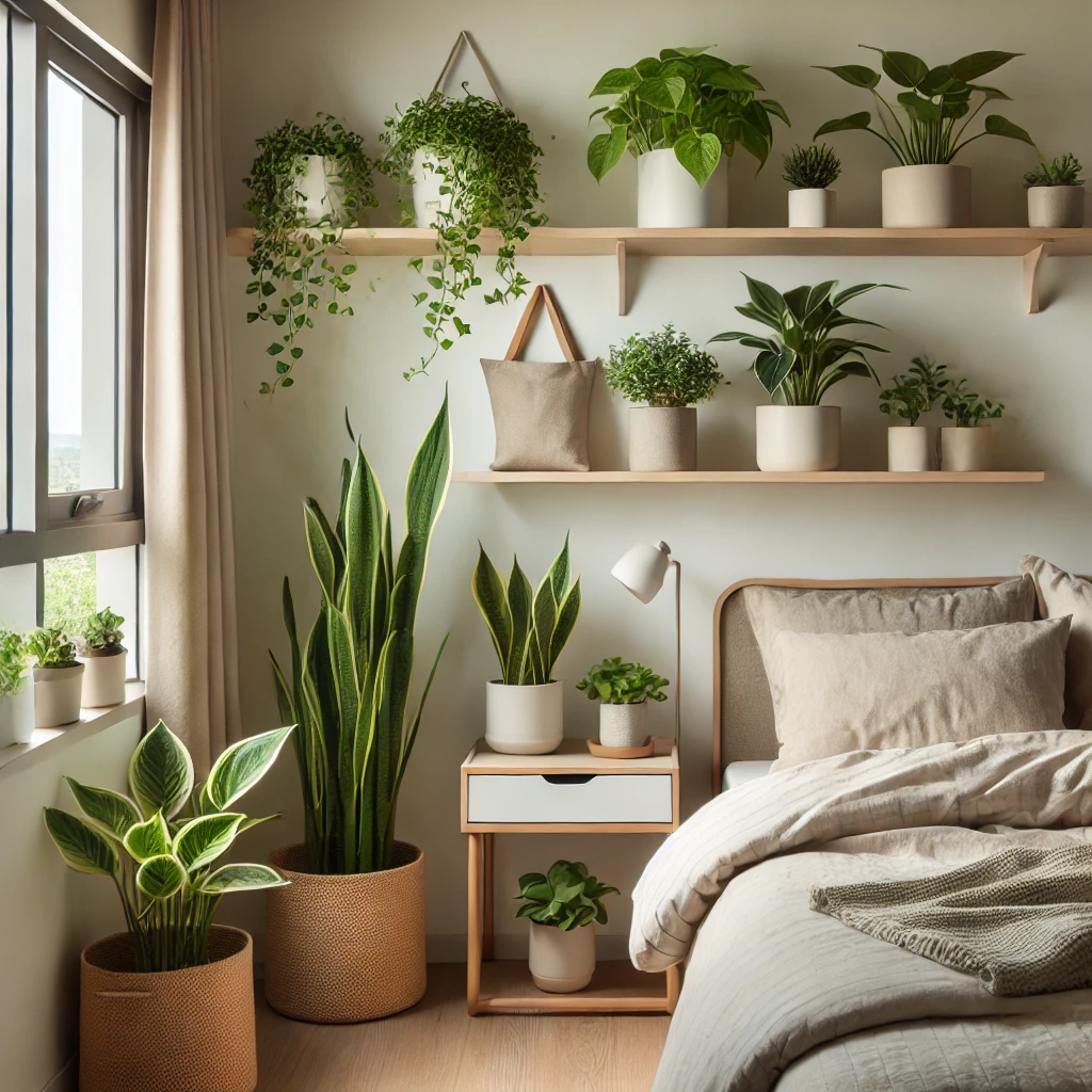 Kleines Schlafzimmer mit pflegeleichten Zimmerpflanzen wie Sansevieria und Efeutute, die auf Regalen und in Fensternähe platziert sind. Die Pflanzen schaffen eine natürliche, angenehme Atmosphäre in einem minimalistisch eingerichteten Raum.