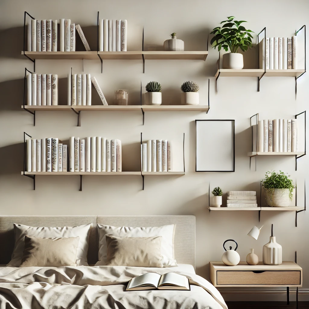  Eine moderne Schlafzimmerwand mit minimalistischen Schweberegalen, die Bücher, Dekorationsgegenstände und kleine Pflanzen organisiert präsentieren.



 Eine moderne Schlafzimmerwand mit minimalistischen Schweberegalen, die Bücher, Dekorationsgegenstände und kleine Pflanzen organisiert präsentieren


