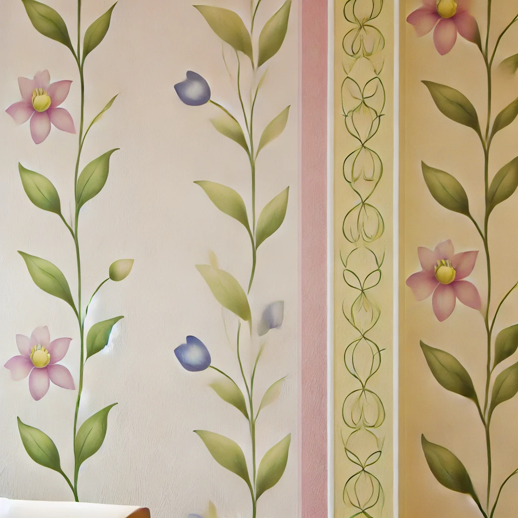  Eine Wand mit zarten Blumenmustern in Pastellfarben und sanften Farbverläufen, die eine harmonische und entspannende Atmosphäre schaffen, ideal für Schlafzimmer oder ruhige Ecken.