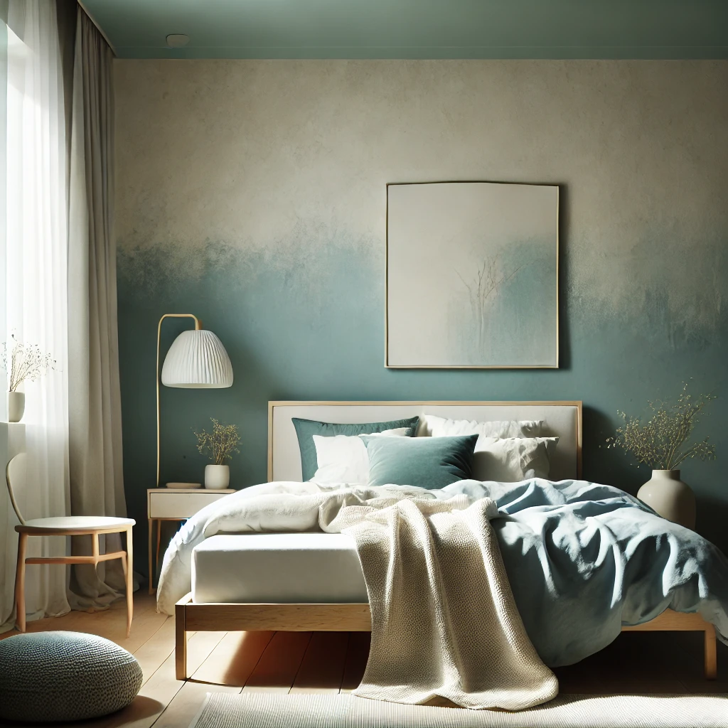 Schlafzimmer mit sanft blau und grün gestrichenen Wänden, die eine ruhige und luftige Atmosphäre schaffen, ausgestattet mit minimalistischen Möbeln und leichten Vorhängen.