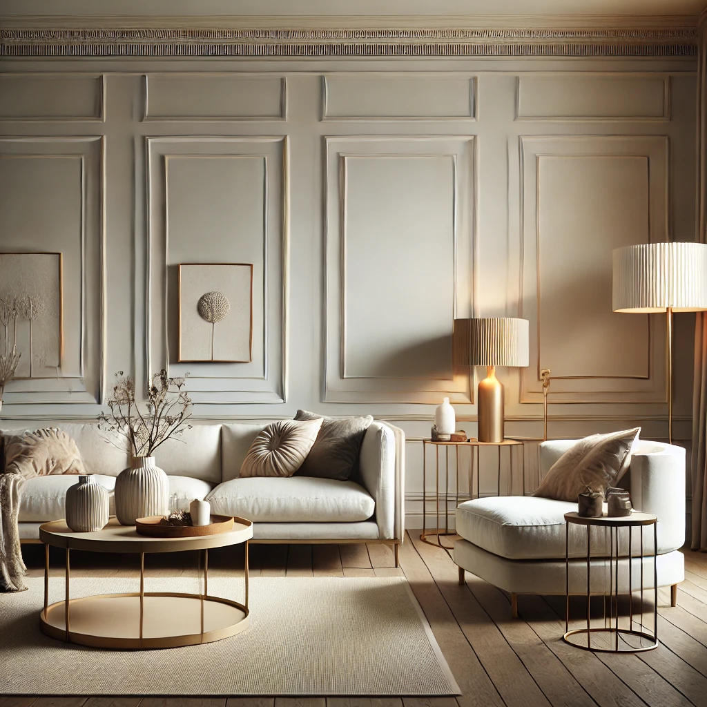 Elegantes Wohnzimmer mit Wänden in Weiß, Beige und Grau, das eine harmonische, zeitlose Atmosphäre mit minimalistischen Möbeln und stilvollen Dekoelementen schafft.