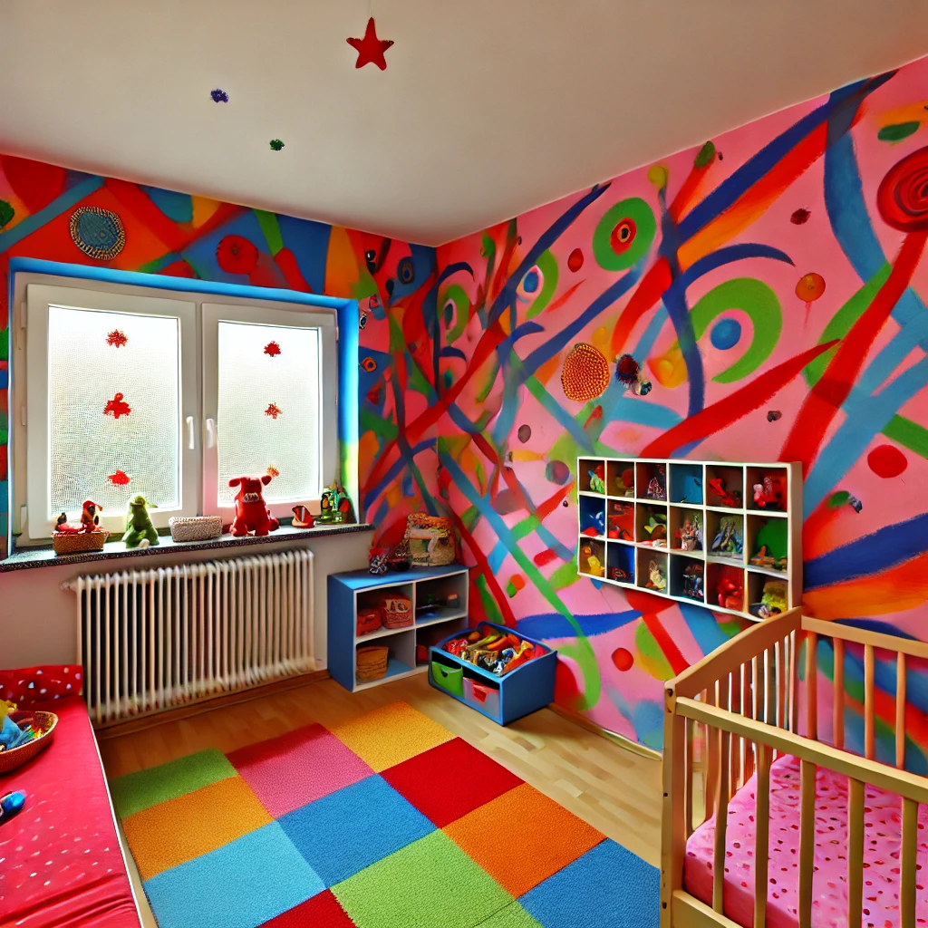 Lebhaftes Kinderzimmer mit farbenfrohen Wänden in Rot, Blau und Gelb, die mit kreativen Mustern gestaltet sind und eine fröhliche, fantasievolle Atmosphäre schaffen, ergänzt durch kindgerechte Möbel und buntes Spielzeug.