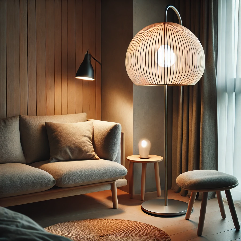 Kleines, gemütliches Wohnzimmer mit einer Stehlampe, die über einen Diffusor sanftes, indirektes Licht abgibt, ideal für kleinere Räume