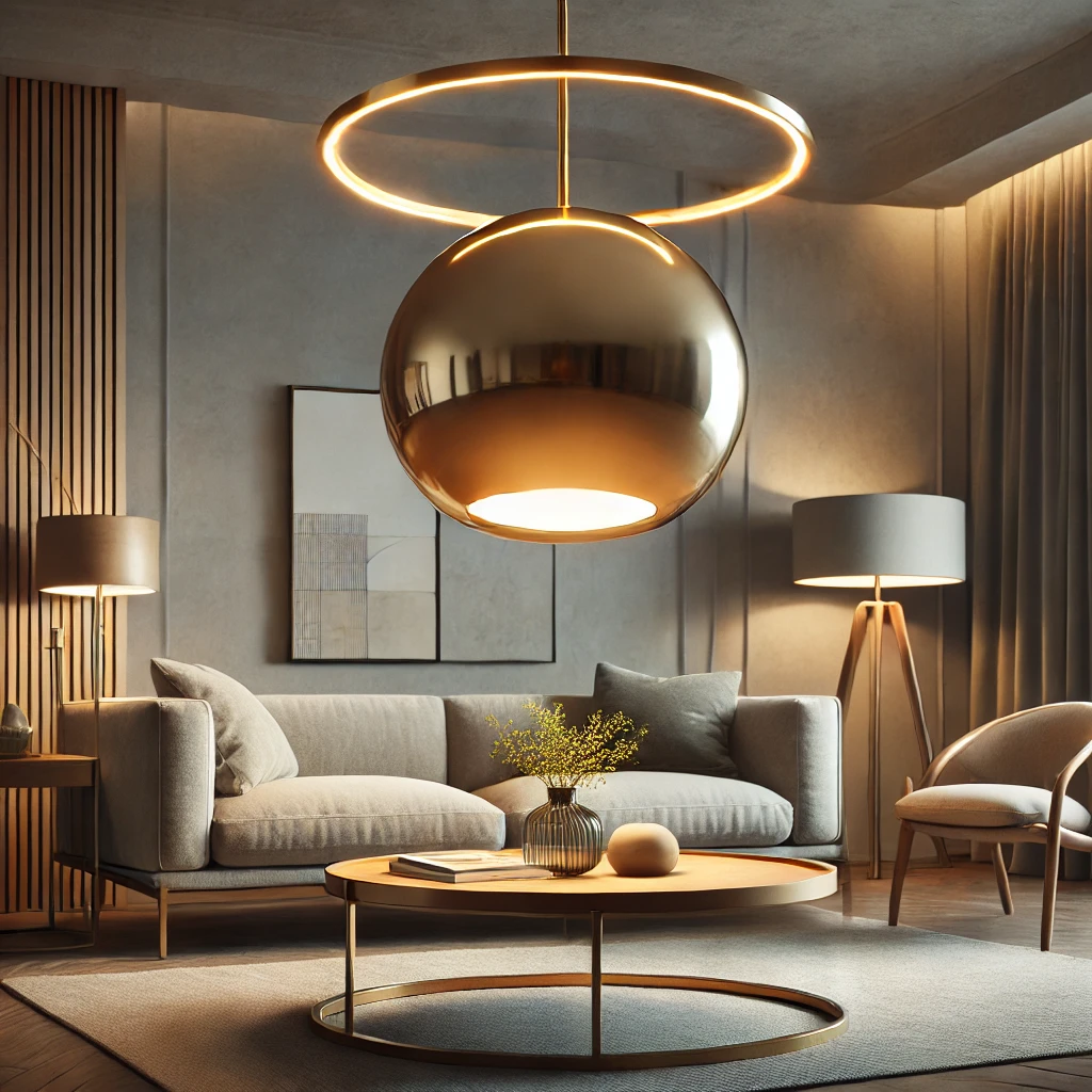 Modernes Wohnzimmer mit stilvoller Pendelleuchte in Gold über einem Couchtisch, das die minimalistische Einrichtung betont.