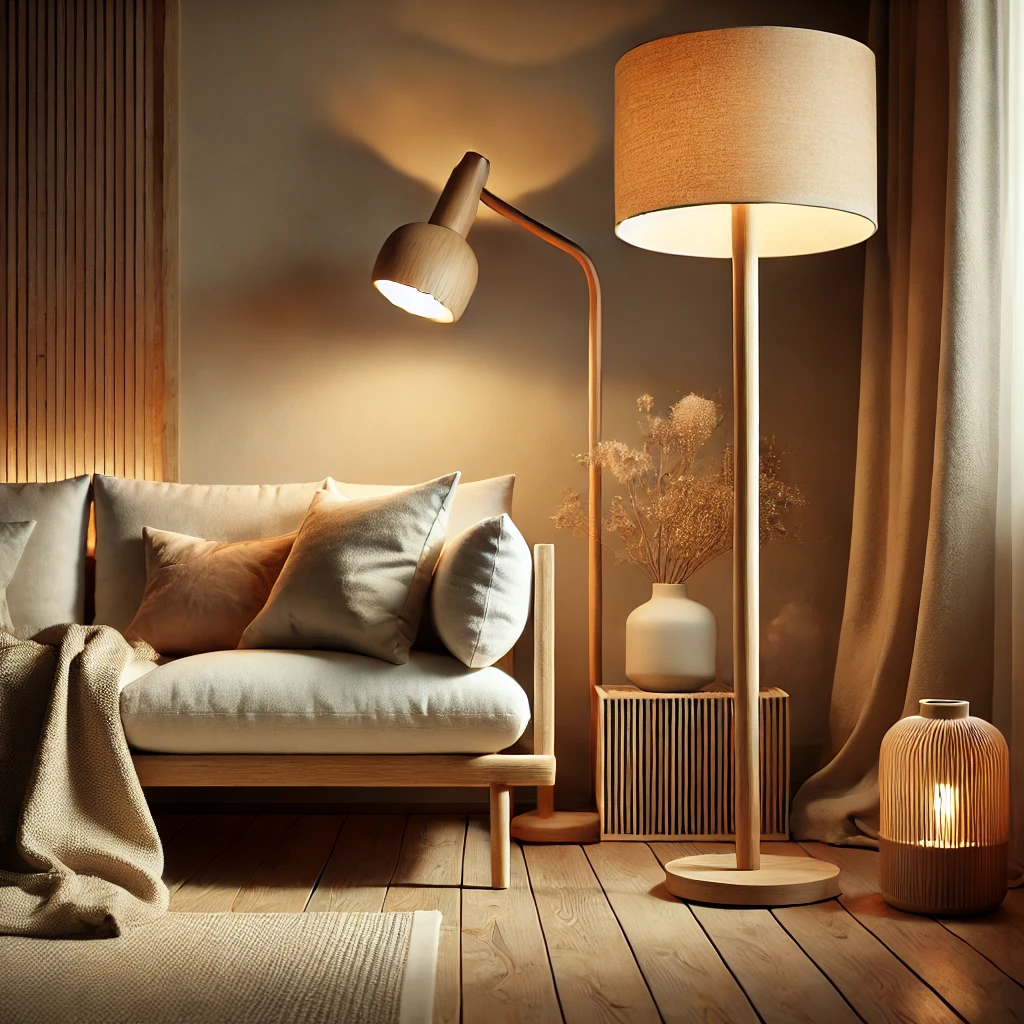 Wohnzimmer-Ecke mit einer modernen Stehlampe aus Holz neben einem Sofa, die warmes Licht für eine entspannende Atmosphäre spendet.