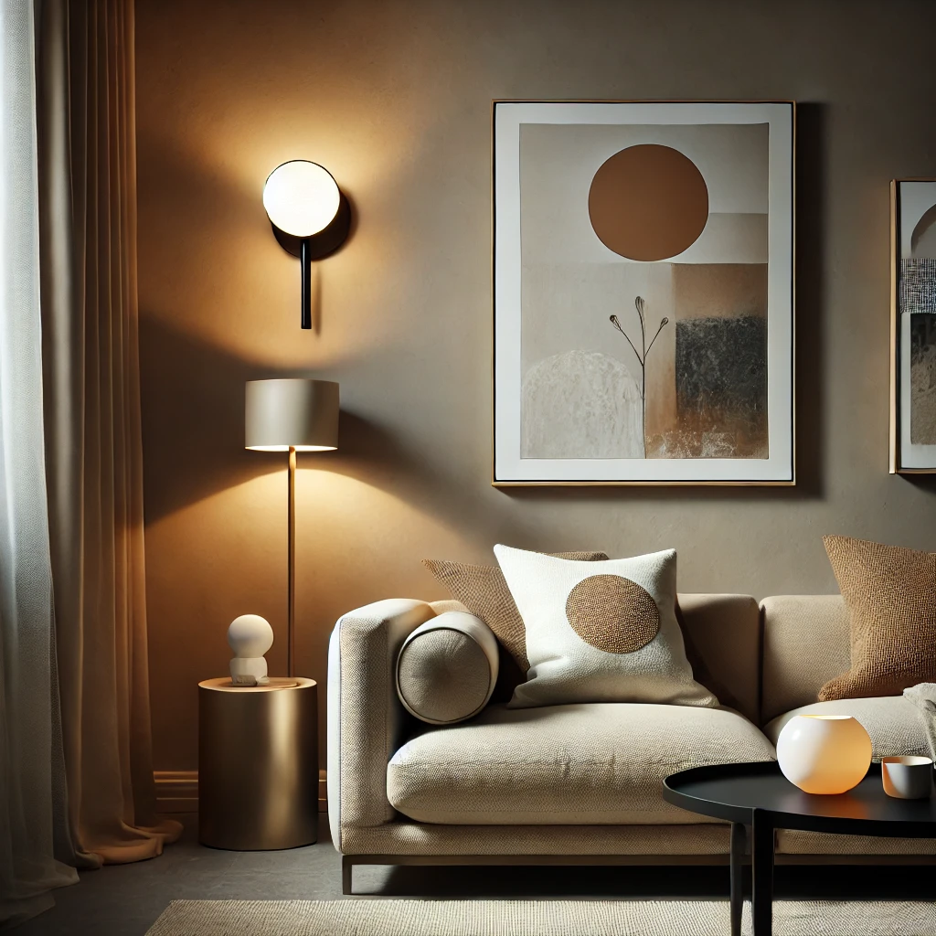 Stilvolles Wohnzimmer mit einer minimalistischen Wandleuchte, die eine warme, indirekte Beleuchtung über einem Kunstwerk bietet.