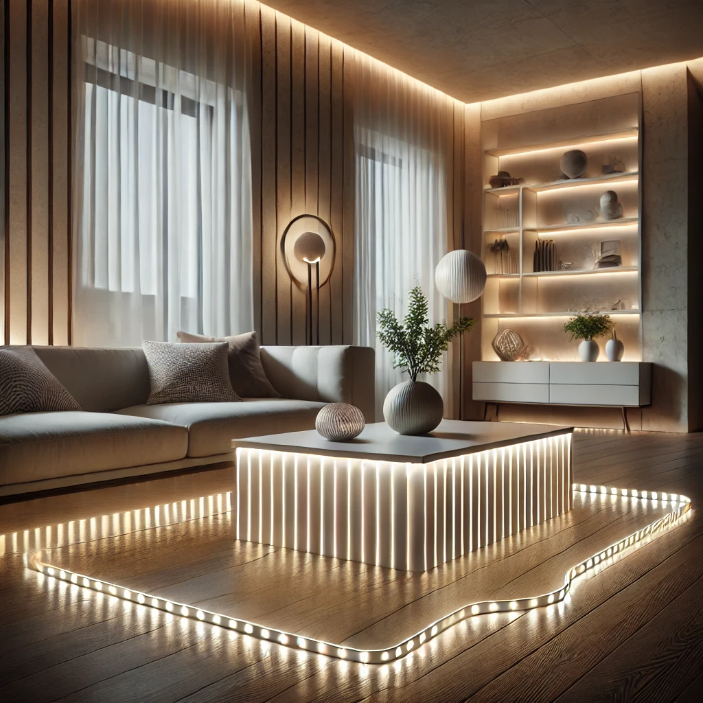 Modernes Wohnzimmer mit LED-Lichtstreifen, die den Couchtisch und das Regal akzentuieren und eine gemütliche, anpassbare Atmosphäre schaffen.