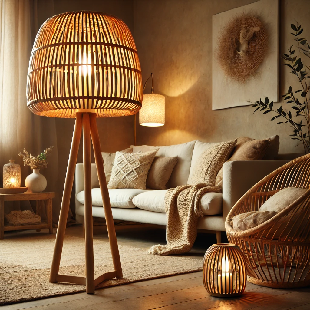 Gemütliches Wohnzimmer mit skandinavischer Stehlampe aus Holz und Rattan, die eine warme, erdige Atmosphäre schafft und boho-inspirierte Dekorelemente ergänzt.