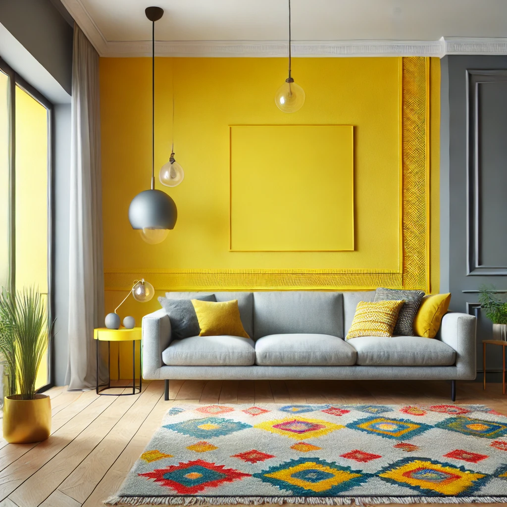 Modernes Wohnzimmer mit gelber Akzentwand, grauen Wänden, einem grauen Sofa und einem farbenfrohen Teppich für visuelle Highlights.



Modernes Wohnzimmer mit gelber Akzentwand, grauen Wänden, einem grauen Sofa und einem farbenfrohen Teppich für visuelle Highlights.


