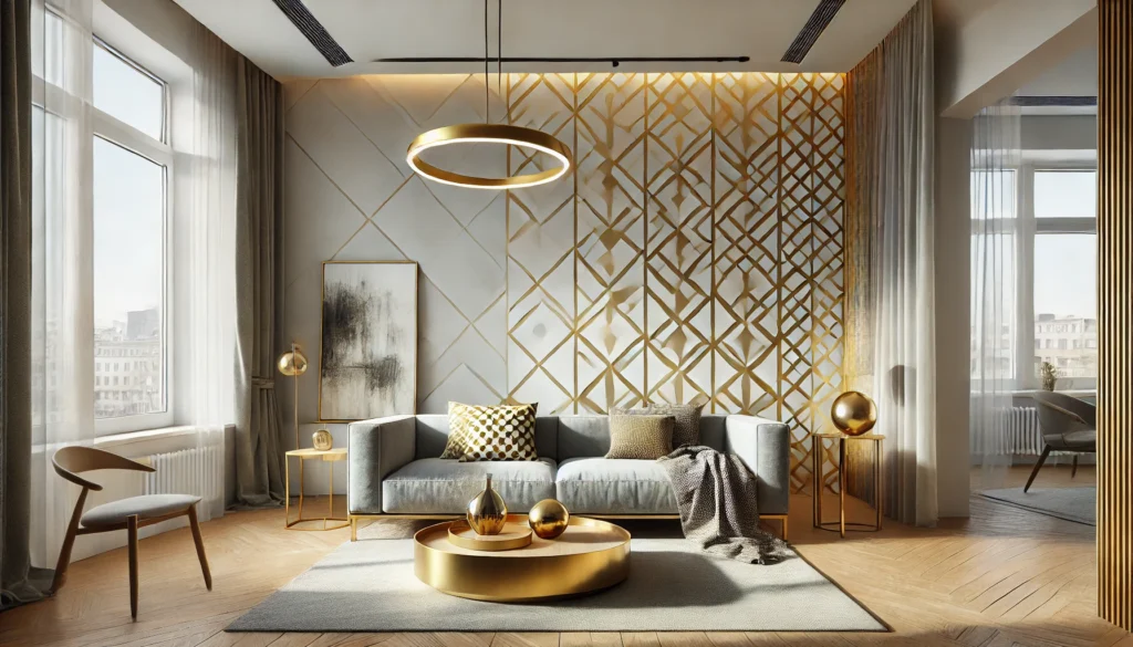 Wohnzimmer mit geometrischer Tapete in Gold und Weiß, grauem Sofa und modernem Design.