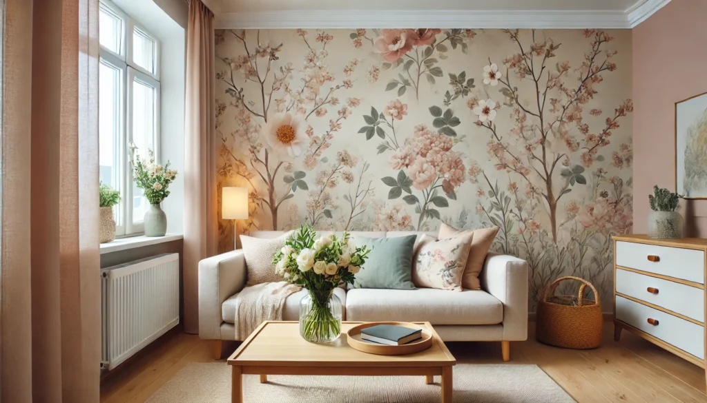 Wohnzimmer mit floraler Tapete in Pastellfarben, beige Sofa und frischen Blumen.