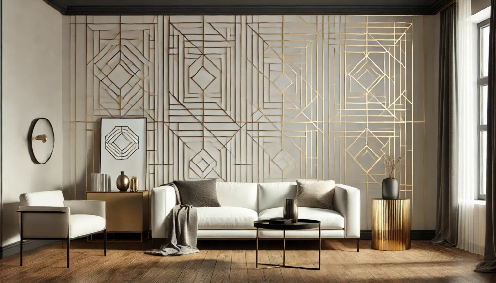 Wohnzimmer mit geometrischer Tapete in mattem Gold, weißem Sofa und minimalistischer Einrichtung.