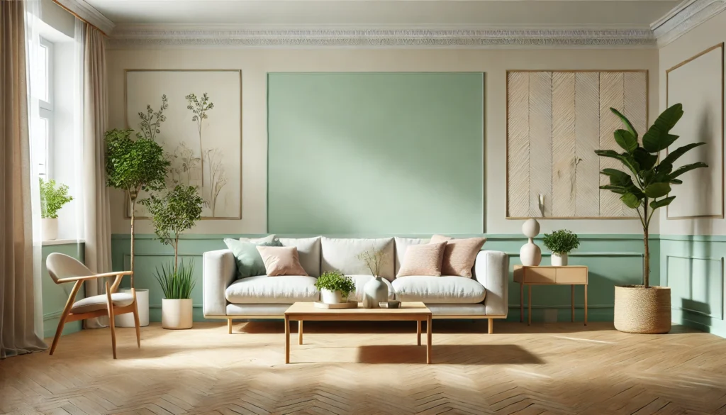 Wohnzimmer mit mintgrüner Pastelltapete, beigem Sofa und minimalistischer Dekoration.