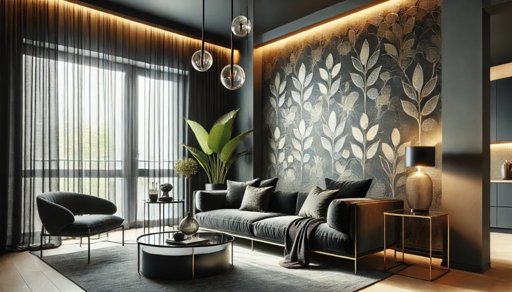 Wohnzimmer mit anthrazitfarbener Tapete und goldenen Mustern, schwarzem Sofa und modernem Design.





