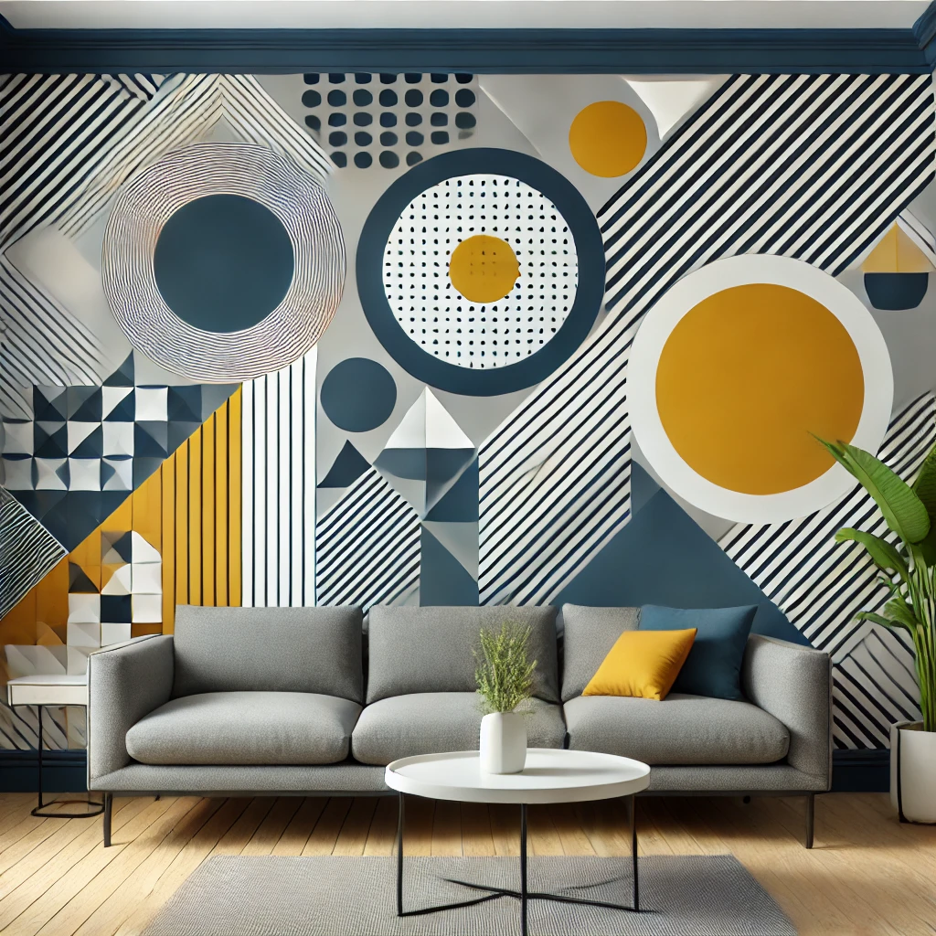 Modernes Wohnzimmer mit geometrischer Tapete in Navyblau, Senfgelb und Weiß, gestaltet mit Kreisen und Dreiecken, ergänzt durch eine graue Couch und minimalistische Dekoration.