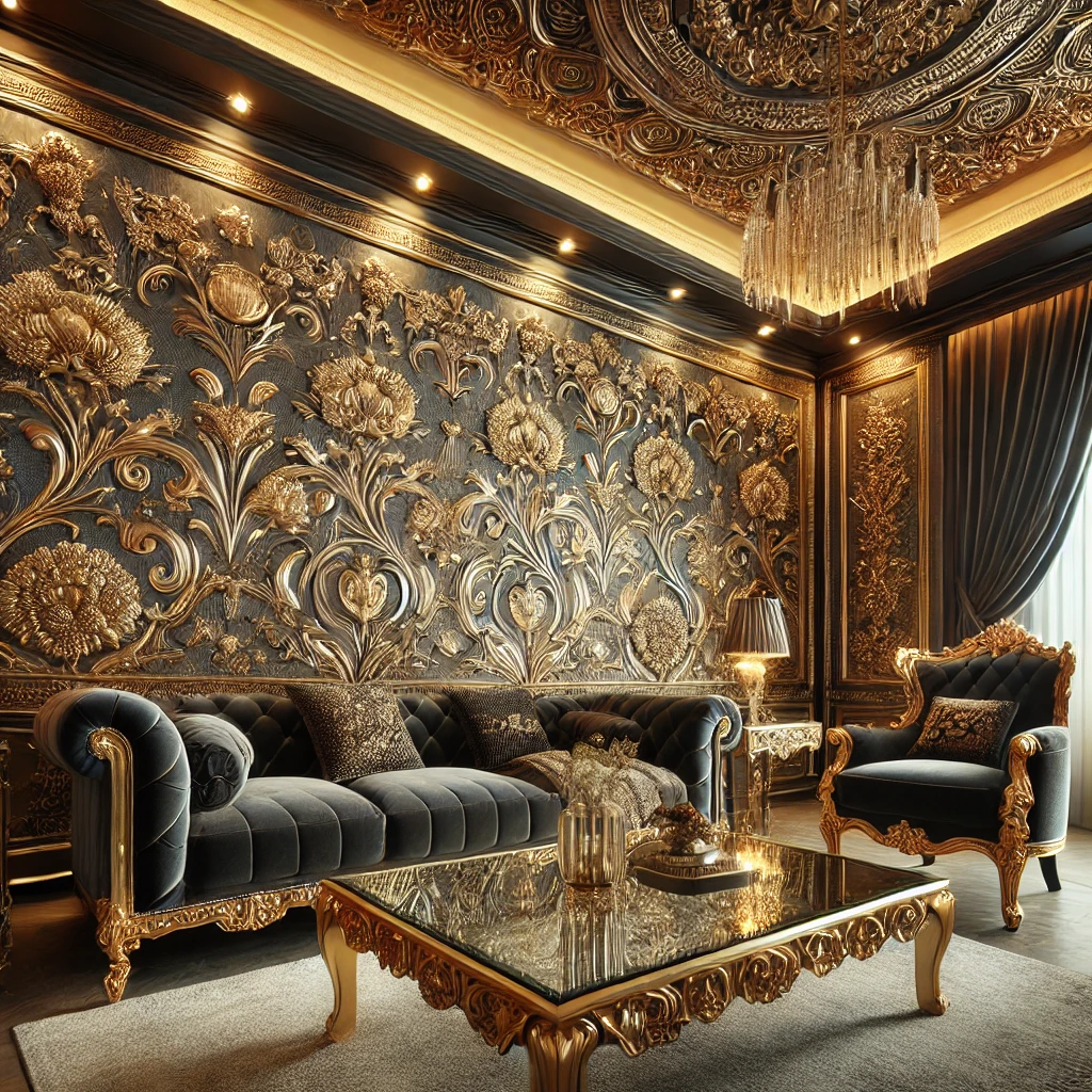 Elegantes Wohnzimmer mit luxuriöser Tapete in goldenen Metallic-Tönen und 3D-Blumenmuster, ergänzt durch eine dunkle Samtcouch, einen Glastisch und einen Kronleuchter.