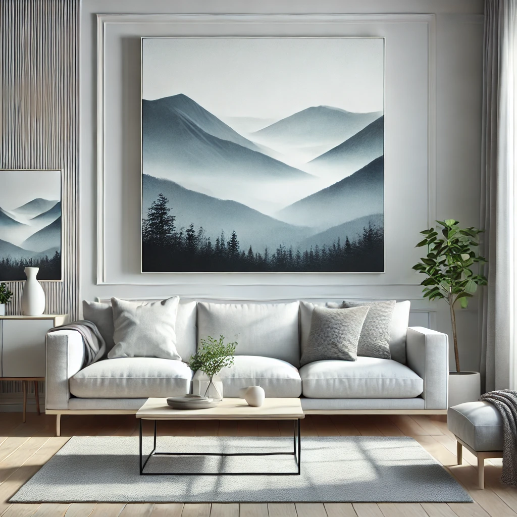 Minimalistisches Wohnzimmer mit großem Leinwandbild eines Bergpanoramas in Blau- und Grautönen, ergänzt durch weiße Möbel, hellgraue Wände und dezente Holzelemente.