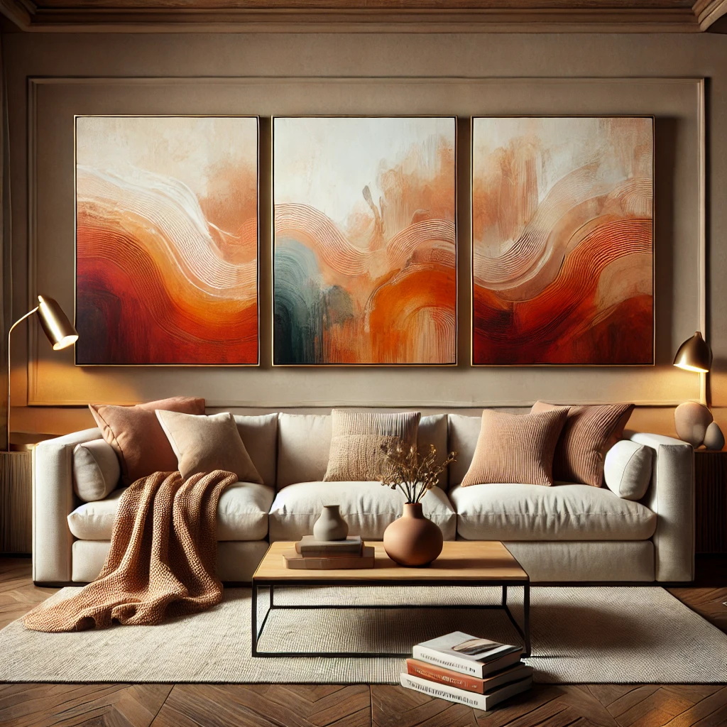 Gemütliches Wohnzimmer mit einem dreiteiligen Leinwandbild in warmen Farben wie Orange, Terrakotta und Beige, abstrakte Pinselstriche über einem beigen Sofa, Holz-Couchtisch und weichem Teppich.