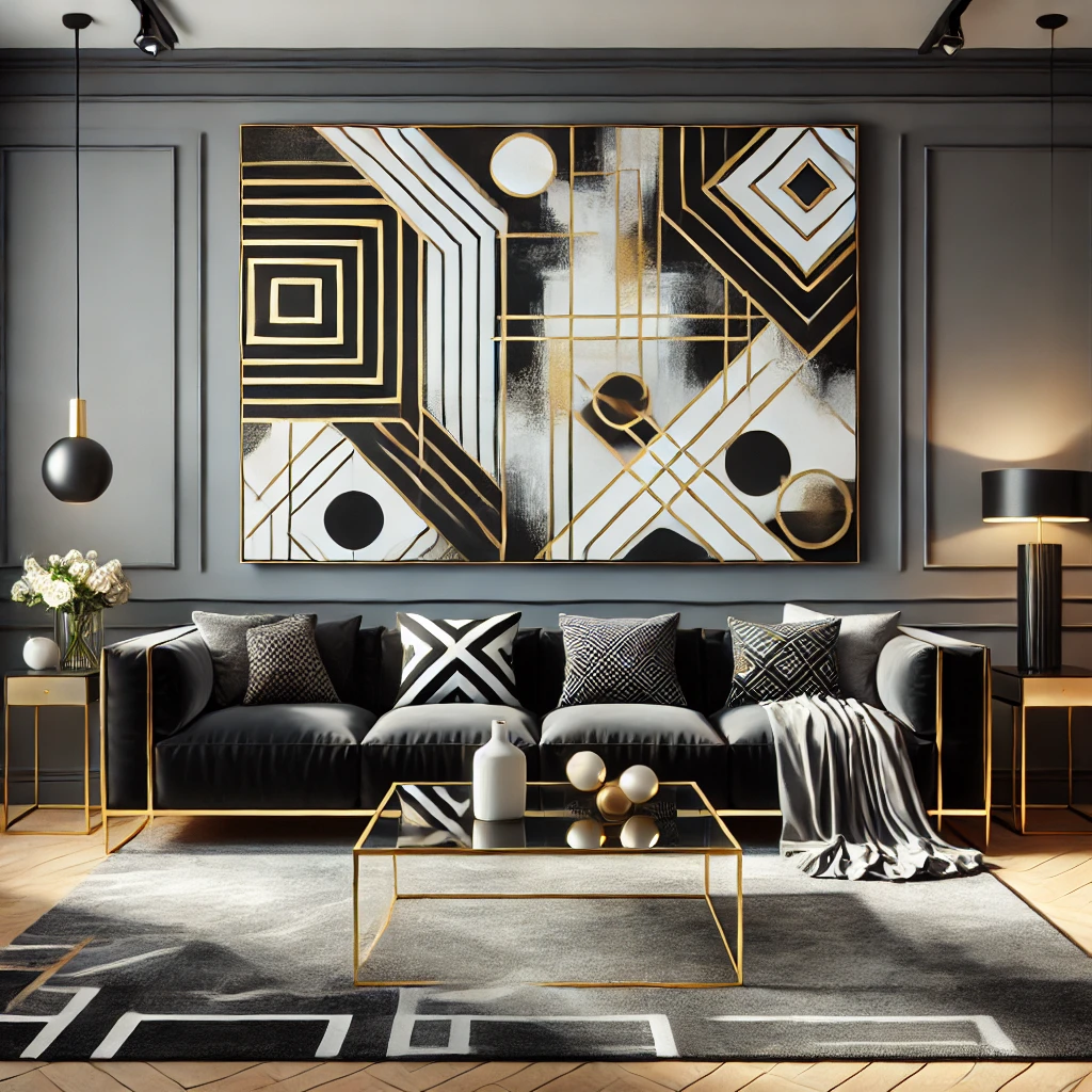 Modernes Wohnzimmer mit einem großen abstrakten Leinwandbild in geometrischen Mustern aus Schwarz, Weiß und Gold, kombiniert mit einem schwarzen Sofa, minimalistischer Einrichtung und goldenen Akzenten.