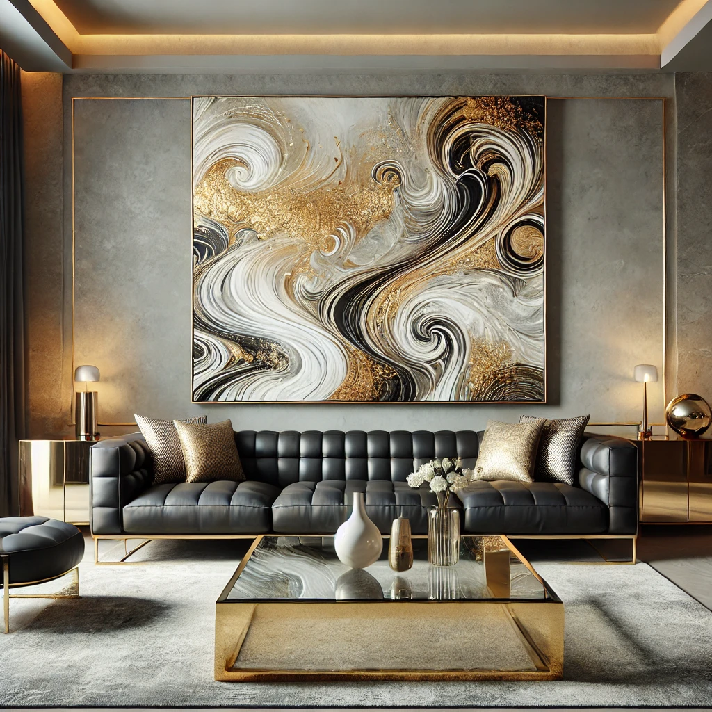 Zeitgenössisches Wohnzimmer mit einem großen abstrakten Gemälde in Gold, Weiß und Schwarz, über einem schwarzen Ledersofa, kombiniert mit metallischen Akzenten und moderner Einrichtung.