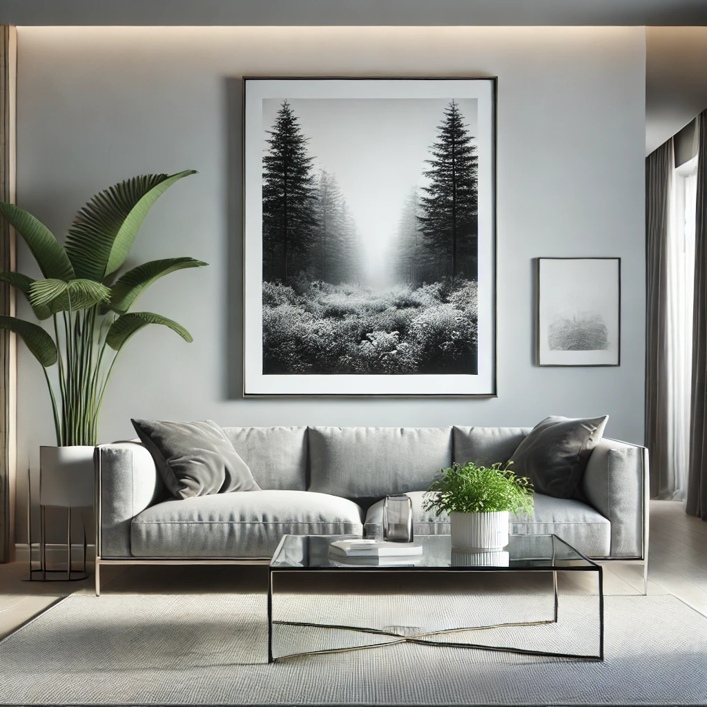 Modernes Wohnzimmer mit einer Schwarz-Weiß-Fotografie einer Waldlandschaft, gerahmt in Schwarz, über einem grauen Sofa, minimalistischer Einrichtung und einer Glastischdekoration.