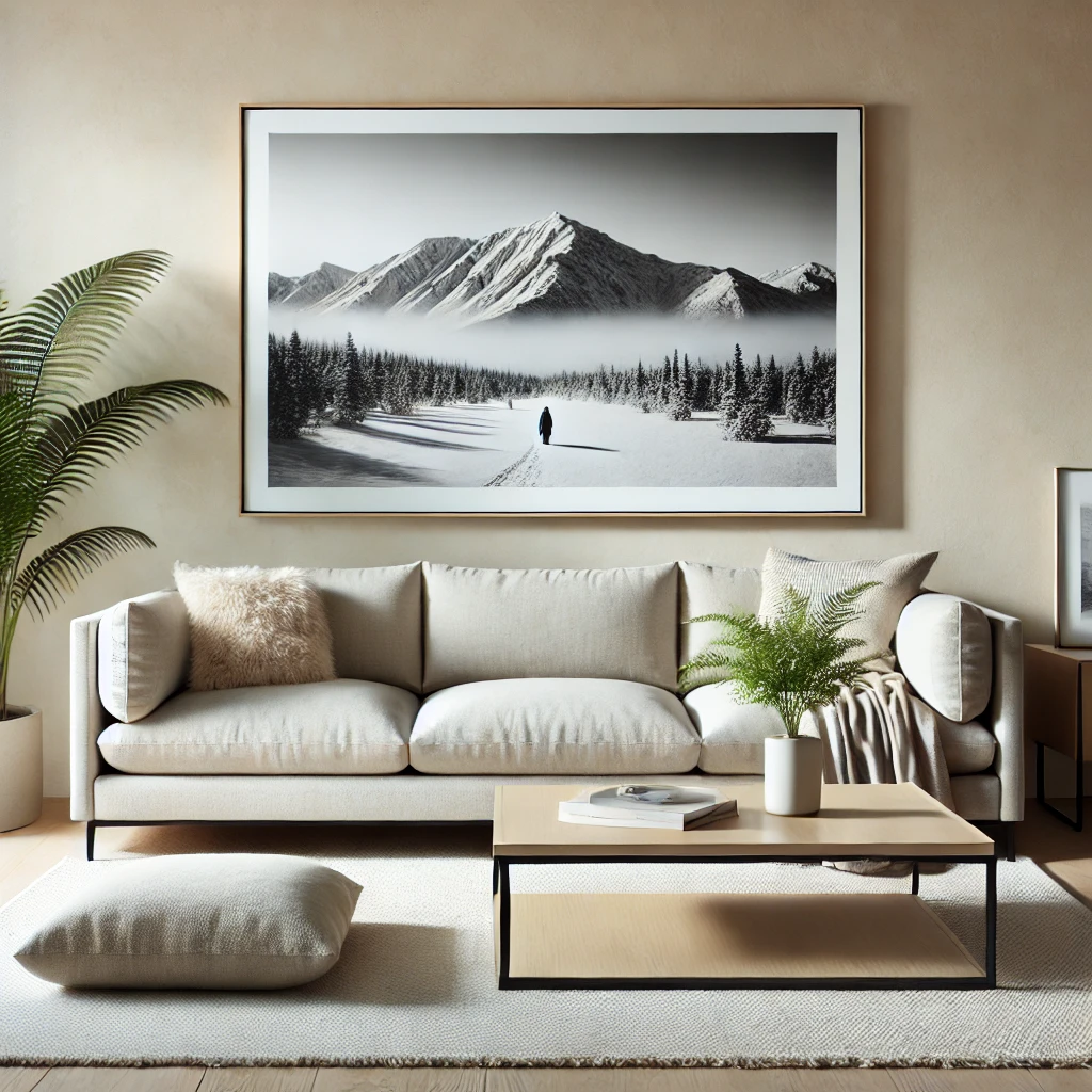 Zeitgenössisches Wohnzimmer mit einer gerahmten Schwarz-Weiß-Fotografie einer ruhigen verschneiten Berglandschaft über einem beigen Sofa, dekoriert mit hellem Holztisch, weichem Teppich und neutralen Kissen.